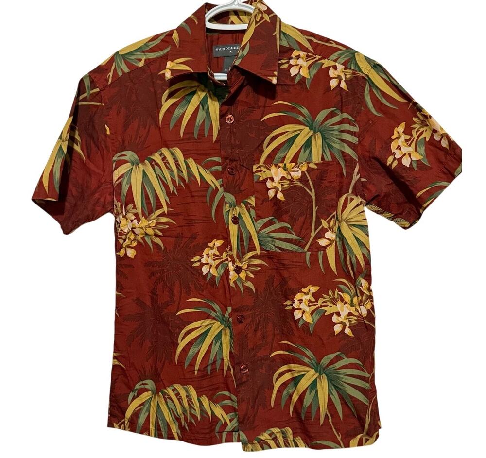Saddlebred Men's Rust Green Hawaiian Print Short Sleeve Button Up Shirt Size S